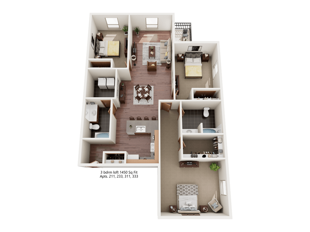 Floor plan for 3 beds, 2 baths, 1450 sqft